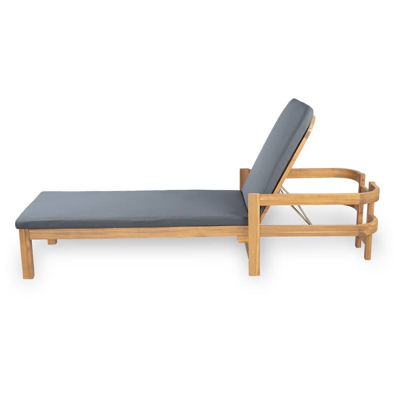 Roomfitters Outdoor Acacia Wood Chaise Lounge with Adjustable Backrest and Cushioned Seat for Patio or Poolside, Dark Gray