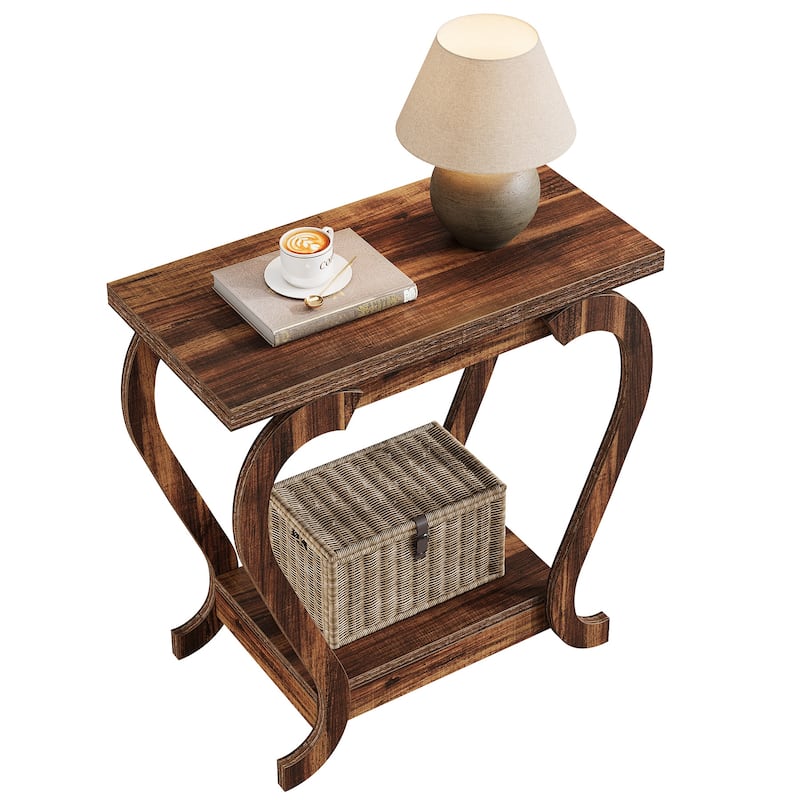2-Tier End Table, Narrow Wood Side Table with Storage Shelves