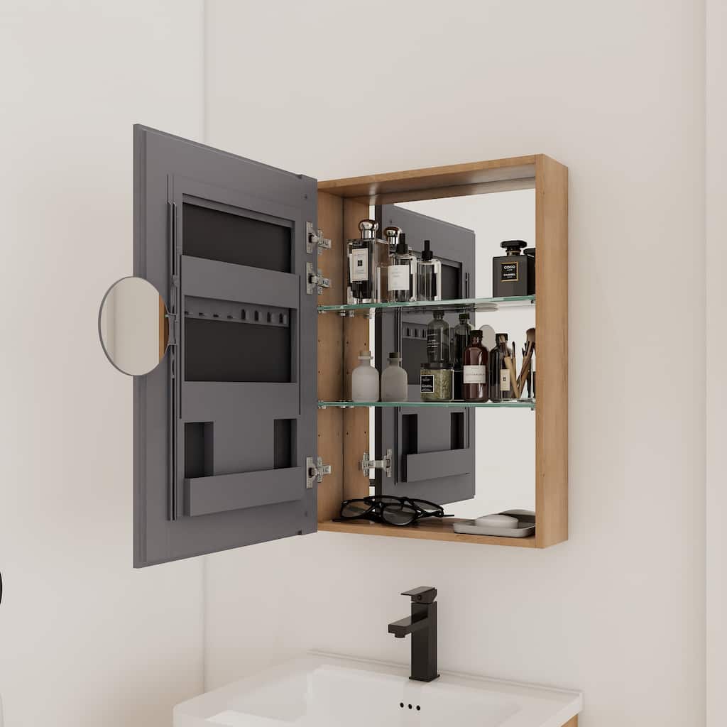 20" Bathroom Mirror Cabinet with Storage,Wall Mounted Medicine Cabinet with Mirror Door,Adjustable Glass Shelves,Plywood