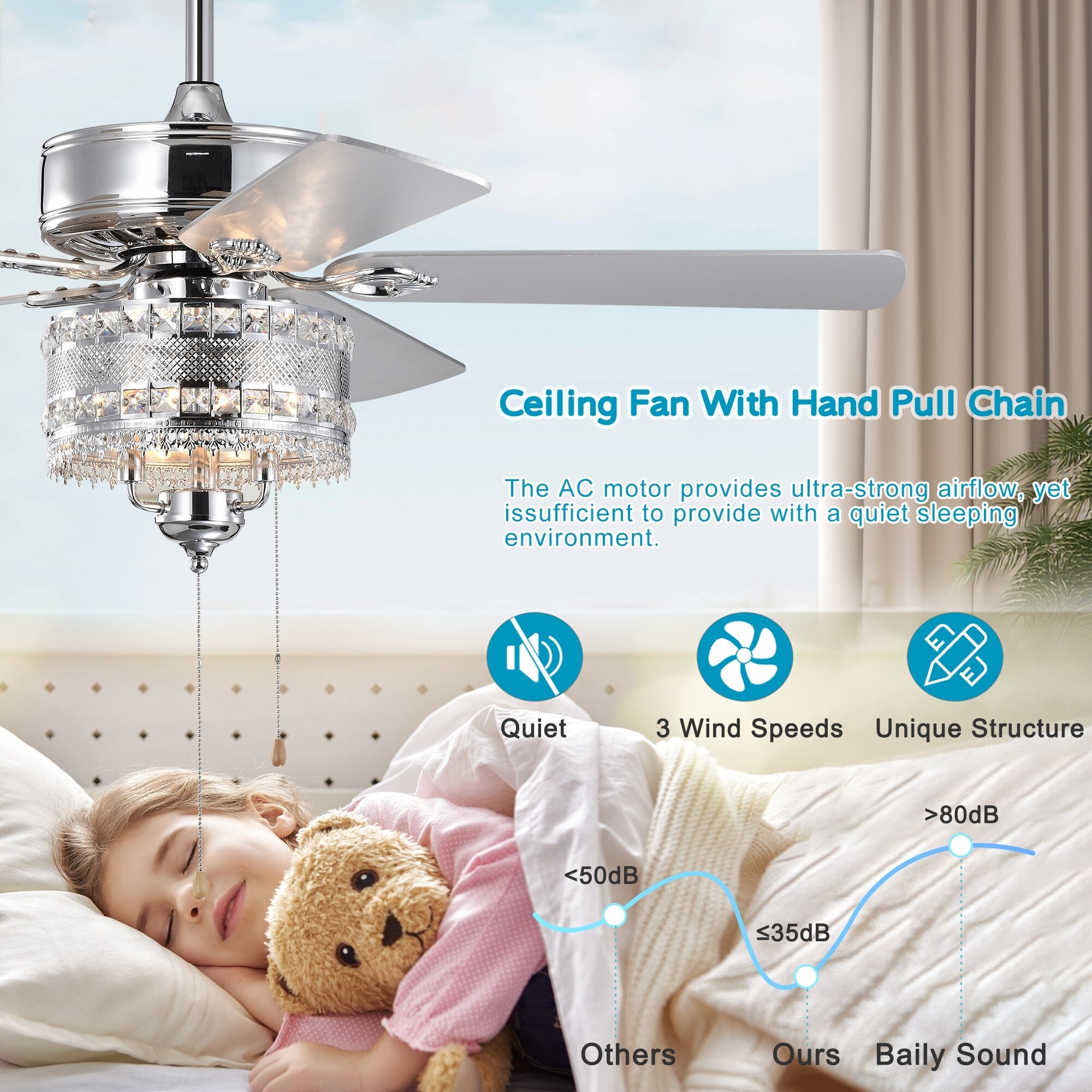 52'' Classical Chrome Crystal Ceiling Fan with 5 Reversible