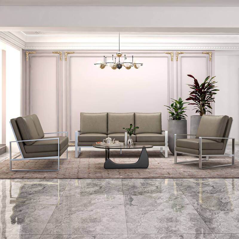 3-Piece Leather Sofa Set Brushed Stainless Steel Base and Removable Cushions