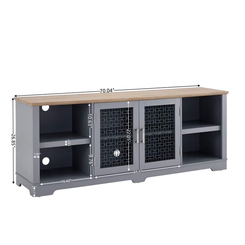 Modern Farmhouse TV Media Stand with Open Shelves and Glass Door Cabinets for TV Up to 80''