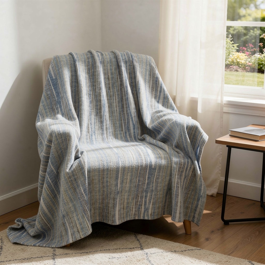 HomeRoots 50" X 70" Blue And Beige Striped Microfiber Plush Throw Blanket