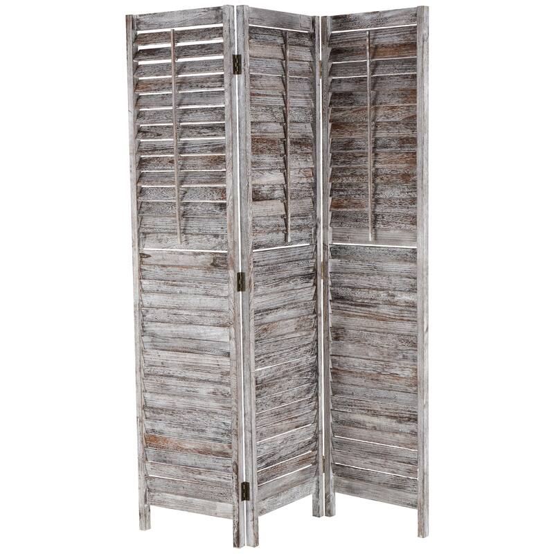 Gray Wood Distressed Shutter Top 3 Panel Partition Room Divider Screen with Brown Accents