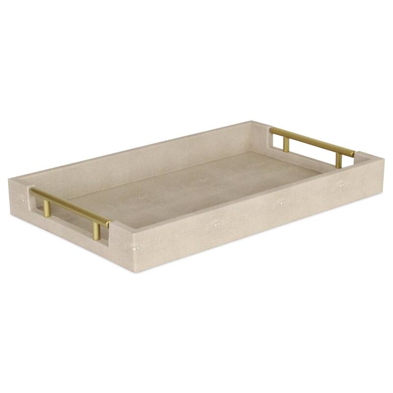 HomeRoots 16" Cream Wood and Vinyl Faux Shagreen Serving Tray With Gold Handles