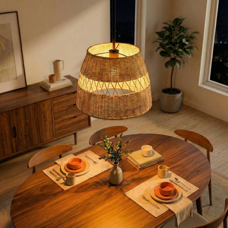 Vina Natural 1-Light Rattan Pendant Light with Black Metal Finish - Rattan