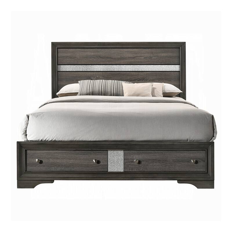 Platform Wooden Queen Size Bed with Silver Trim Accents and 2 Drawers, Gray