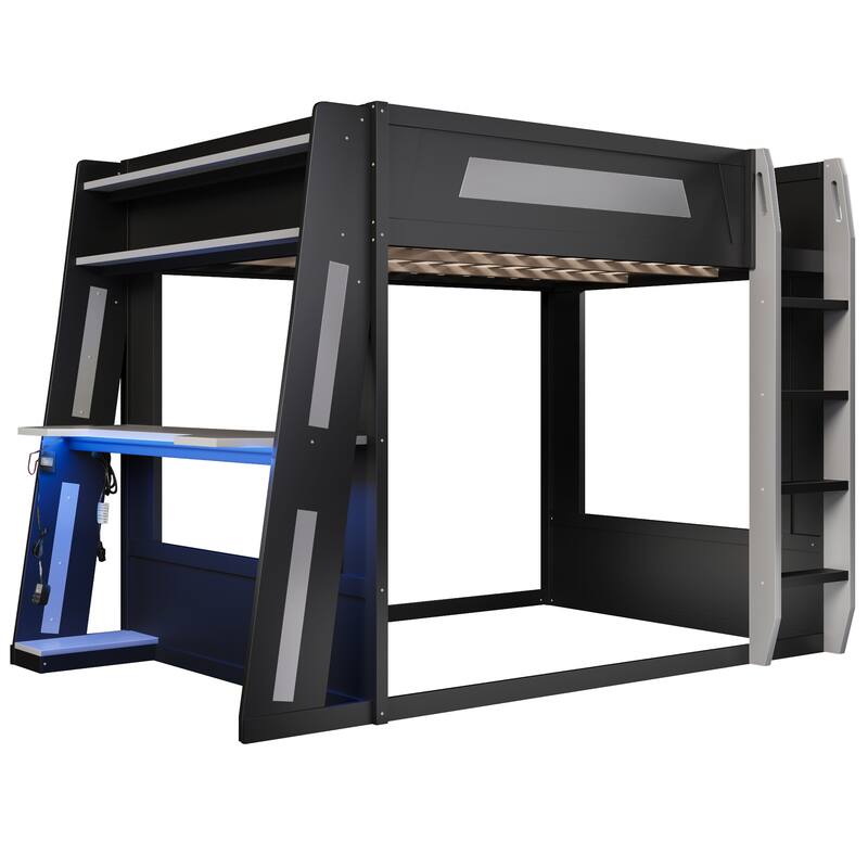 Gaming Bunk Bed with Computer Desk, Storage Shelves, USB Port and LED Strip Lighting, Esports Design, Wooden Gaming Bed