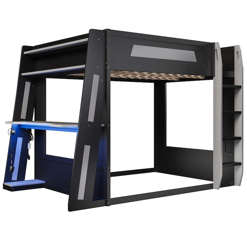 Queen Size Gaming Bunk Bed Gaming Loft Bed with Built-In Gaming Station Cable Management for Gamer Gaming Hotel Gaming Suite
