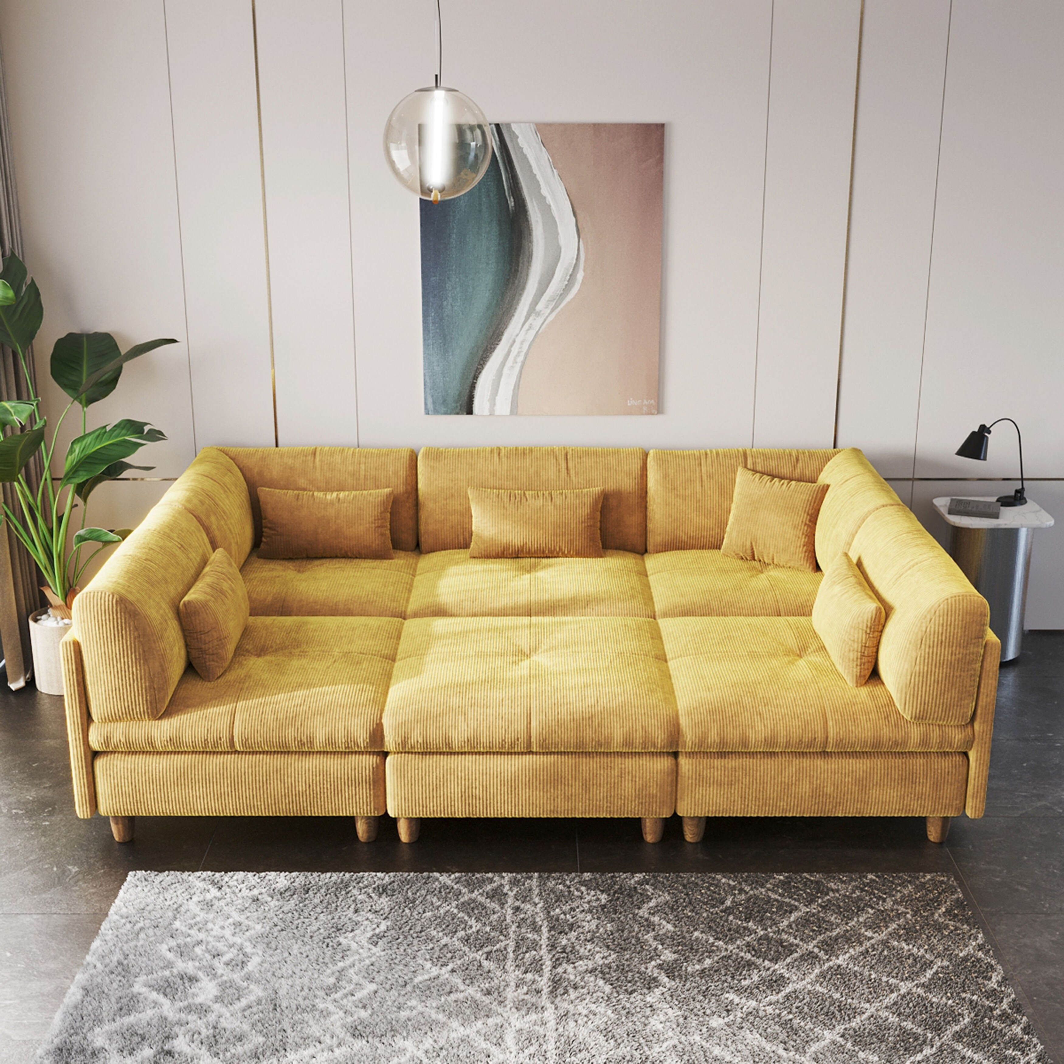 JASIWAY 6 Piece Corduroy Upholstered Sectional Sofa Yellow