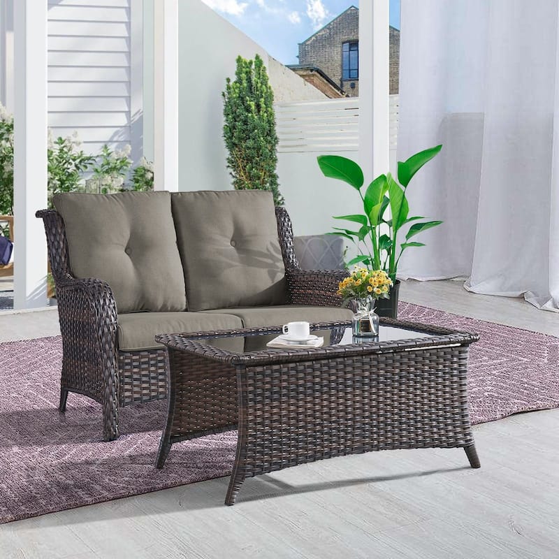 Gymojoy 2-Piece Outdoor Wicker Patio Furniture with Loveseat, Rattan Coversation Set with Water Resistant Thick Cushions - 2-Piece - Brown Wicker / Grey Cusion
