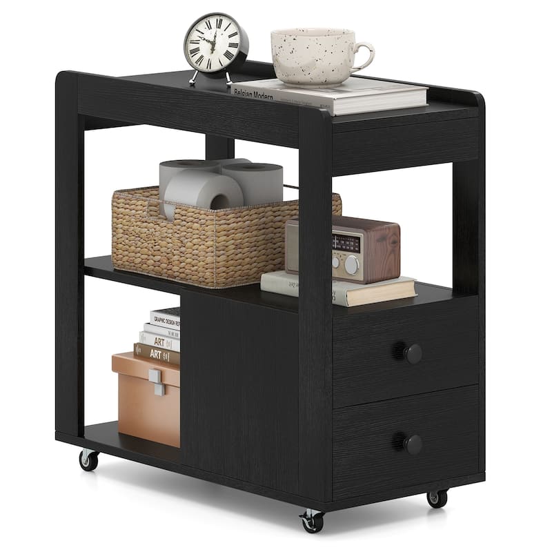 3-Tier Wooden Mobile Side End Table with Casters and 2 Drawers for Bedroom or Living Room - 25.5" x 12" x 24.5"