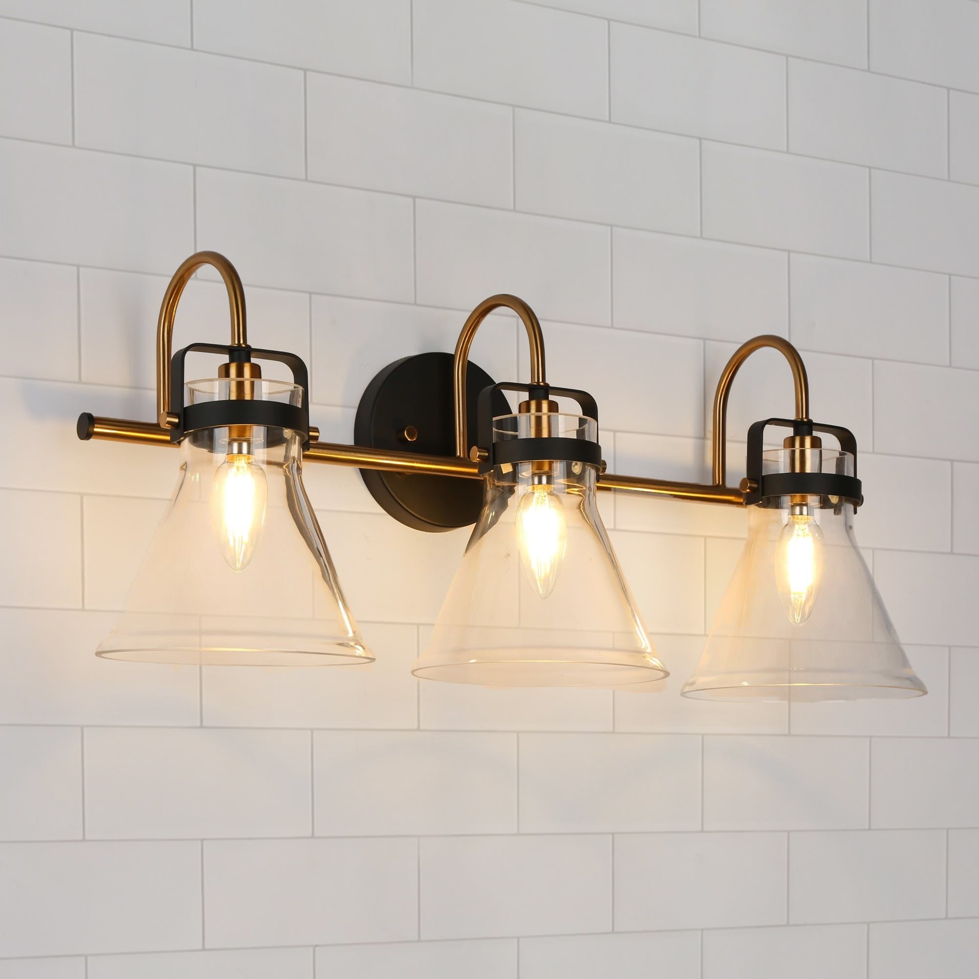 Mutch Modern Farmhouse 3-light Brass Bathroom Vanity Light Industrial Glass LED Dimmable Wall Sconce - L 23.6"* D 8.3"* H 9.8"