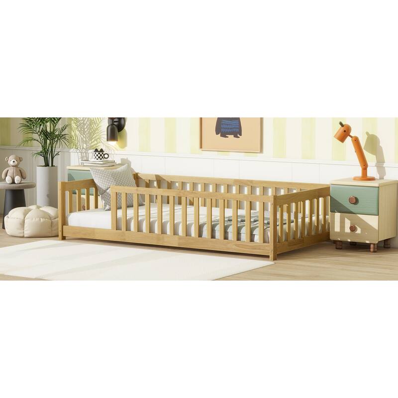 Roomfitters Twin Size Floor Bed with Surround Fence, Rubber Wood Floor Platform Bed with Safety Guardrails and Slats, Natural