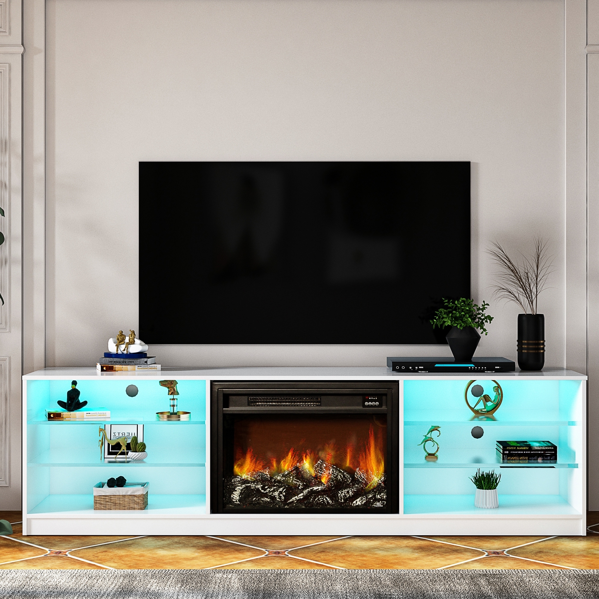 RASOO 78W Textured Veneer Classic 4 Cubby Electric Fireplace Console RGB LED TV Stand with Both Side 2-Tier Glass Storage Shelves