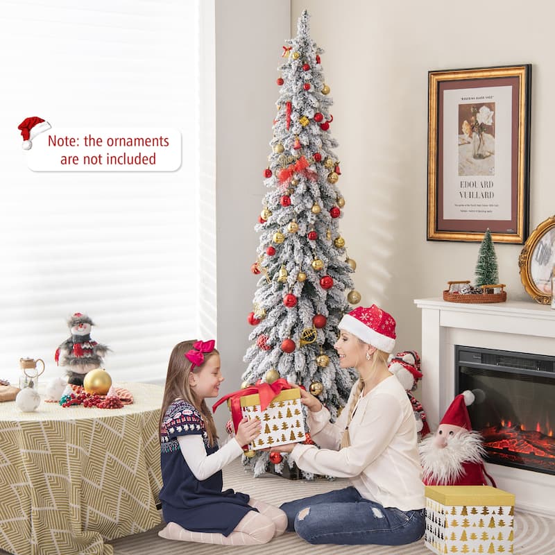 Gymax 4/5/6 FT Pre-Lit Artificial Christmas Tree Snow-Flocked Slim