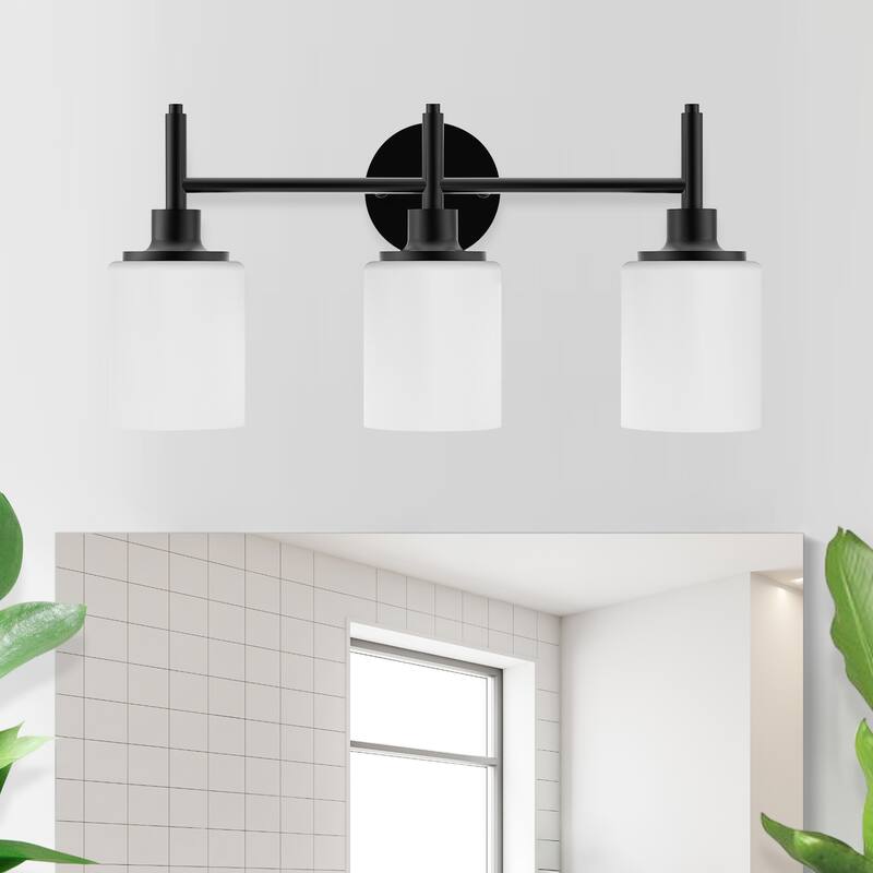 21 in. 3-Light Matte Black Finish Vanity Light with White Glass Shades - 21.6 in. L x 6.75 in. W x 10.6 in. H