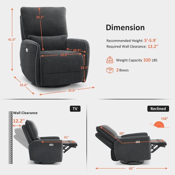 dimension image slide 1 of 3, MCombo Power Swivel Rocker Recliner with Lumbar Support, Electric Nursery Glider Recliner Chair