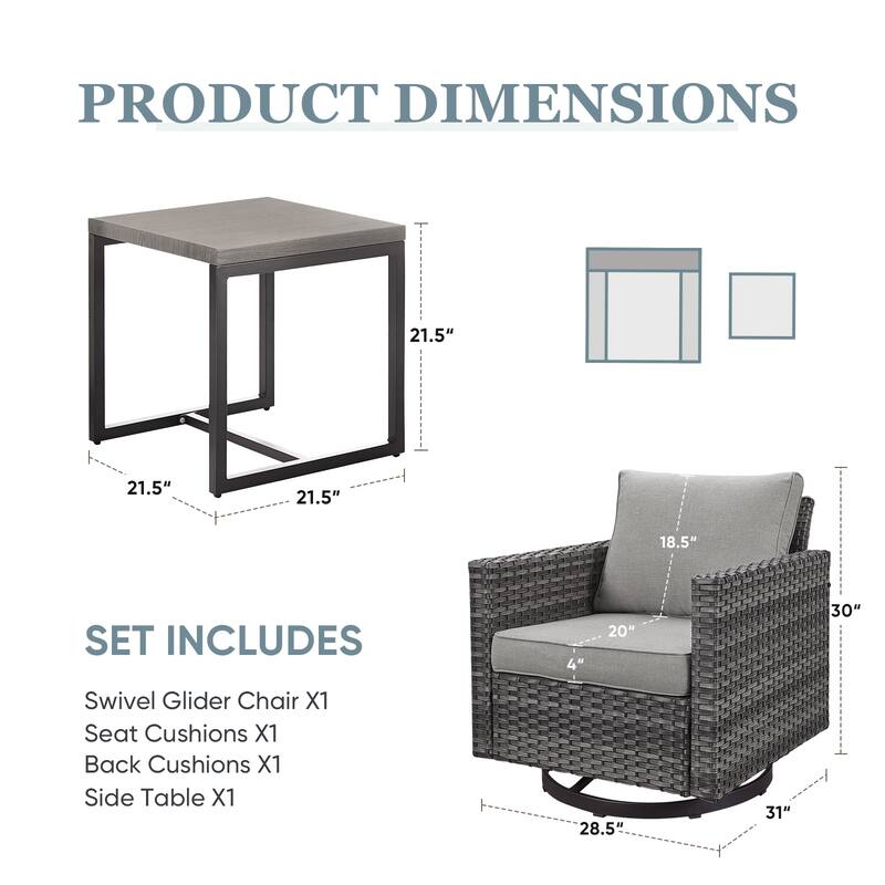 3 Pieces Swivel Gliders Chair with Coffee Table - Grey