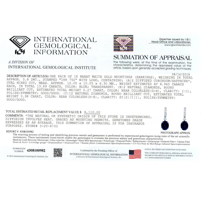 Auriya Fancy 13 7/8ct Blue Sapphire Oval and 1 1/4ctw Diamond Dangle Earrings 18k White Gold