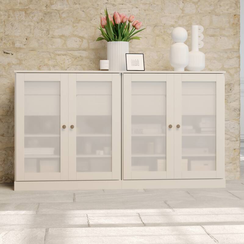 Palace Imports 100% Solid Wood 64" Sideboard with Frosted Glass Doors, 4-Drawers and Adjustable Shelves - White