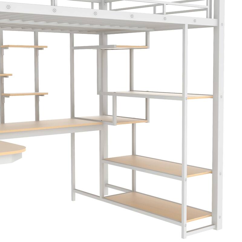 Full Size Metal Loft Bed with Storage Staircase, Built-in Desk, Wardrobe, and Shelves, White