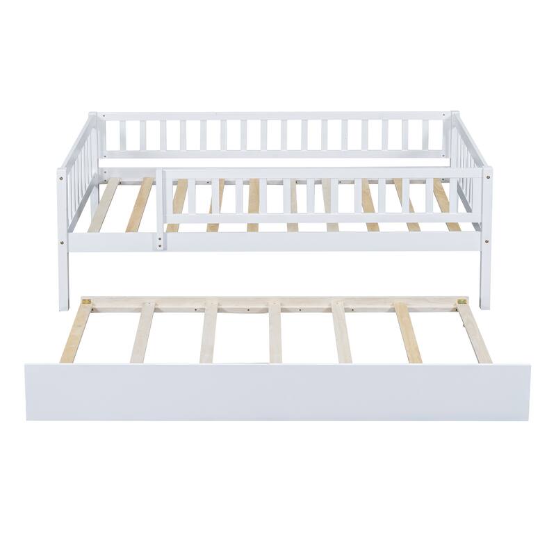 Twin Size Wood Daybed with Trundle and Fence Guardrails