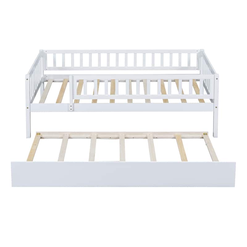 Wooden Twin/Full Daybed with Trundle and Fence Guardrails, No Box Spring Needed