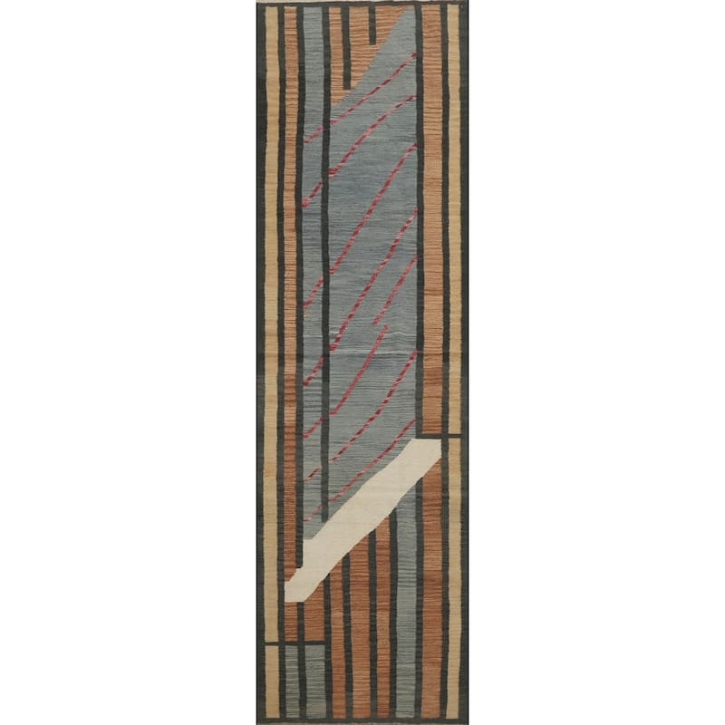 Hand Woven Oriental 100% Wool Carpet Southwestern Modern Greys & Charcoal Kilim Runner Rug - 11' 9'' X 2' 9''