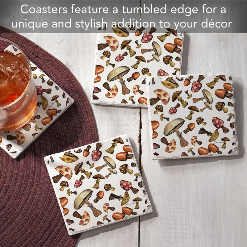 Mushroom Harvest 4-Pack Tumbled Tile Stone Coasters with Protective Cork Backing Manufactured in The USA