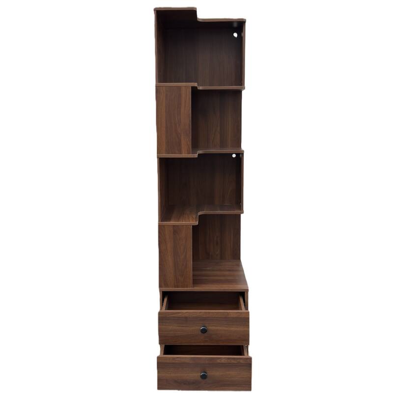 L-Shaped Corner Bookshelf with Drawers and LED Lights, 4-Tier Freestanding Display Stand for Home Office