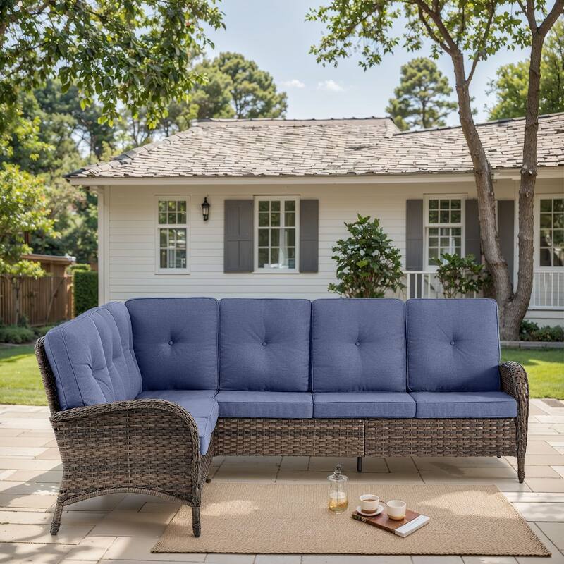 Outdoor Sectional Sofa with Cushion Funiture Set - Brwon Wicker Blue Cushion - 2PCS Sectional Sofa