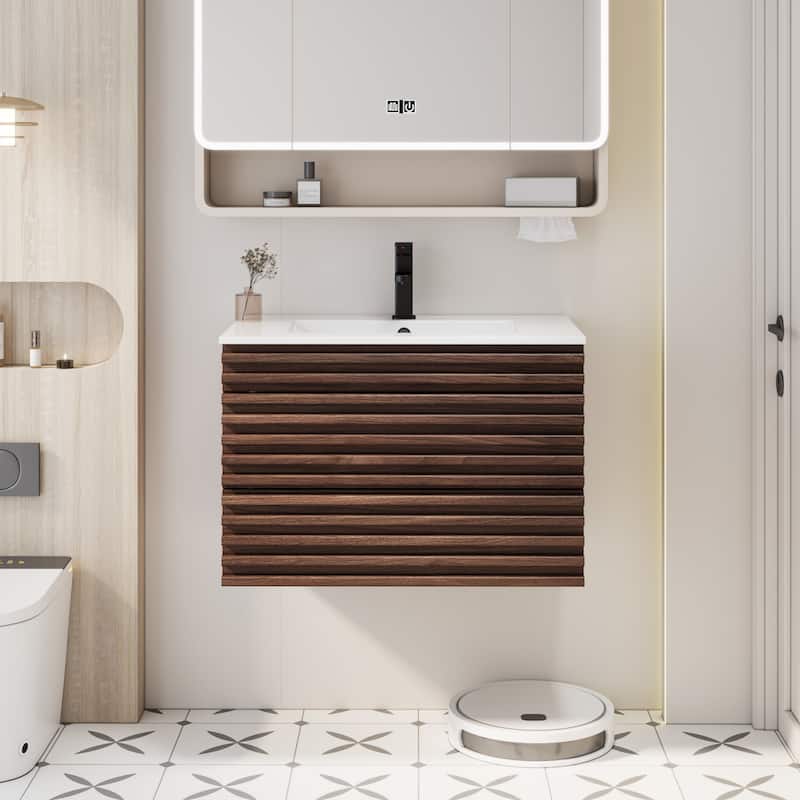 Wall Mounted Bathroom Vanity Set W/ Drop in Sink Mid-Century Cabinet Set