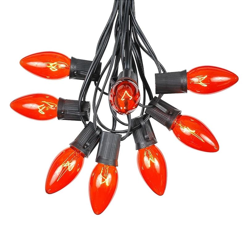 25 Foot C9 Christmas Light Set, Hanging Patio String Lights, Black Wire - Orange