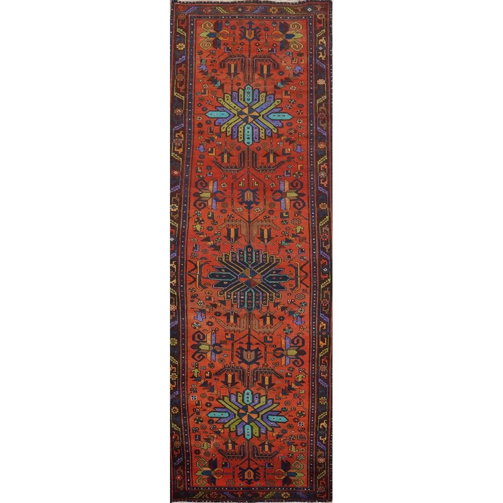 Hand Knotted Oriental 100% Wool Carpet Traditional Tribal Oranges & Rust Heriz Runner Rug - 12' 8'' X 3' 3''
