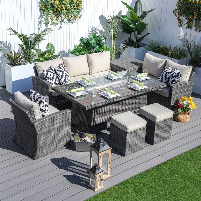 Morden Wicker/ Steel 7-piece Outdoor Conversation Firepit Dining Sets - Grey