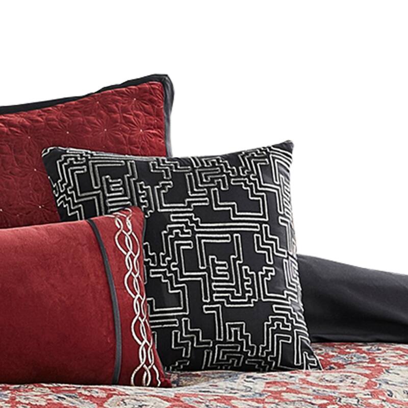 10 Piece King Size Comforter Set with Medallion Print, Red and Blue