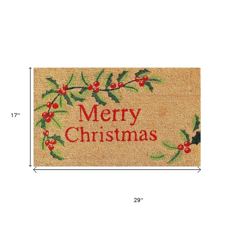 HomeRoots 17" X 29" Brown Red And Green Merry Christmas Outdoor Coir Door Mat - 17.00' X '29.00