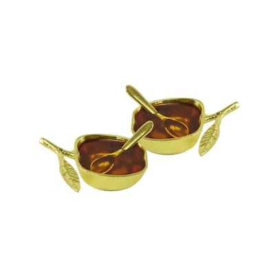 Set of 2 Salt/Honey Dish, Gold Apple Shaped with Spoon