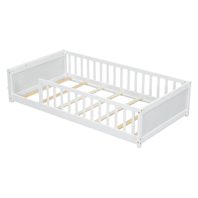 GDFStudio - Kensington Twin Floor Platform Bed with Built-in Book Storage Rack and Guardrails