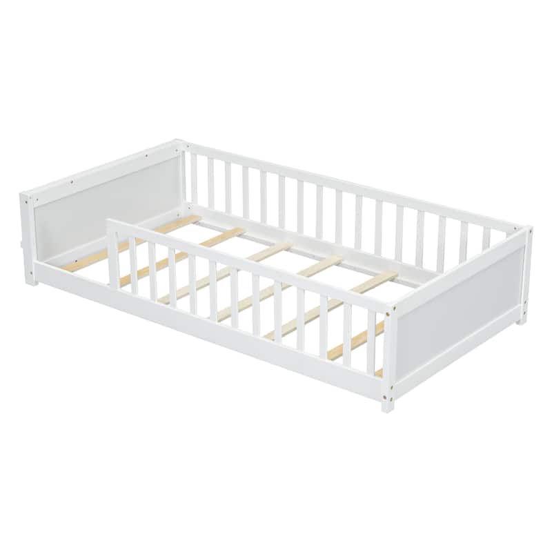 Twin Size Pine Wood Floor Platform Bed with Fence
