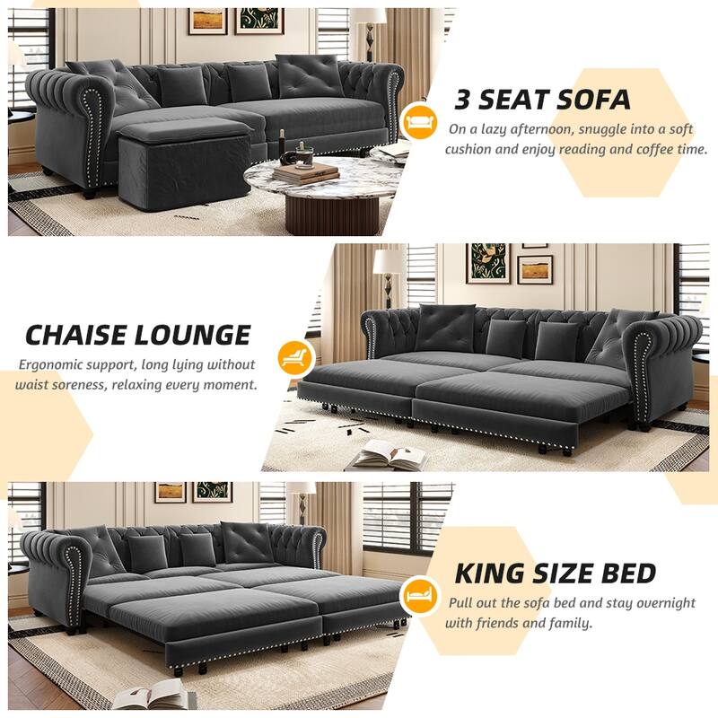 89" Chesterfield Pull Out Sofa Bed - Velvet 3-in-1 Convertible Sleeper with Chaise & Ottoman, King Size Sleeper Sofa