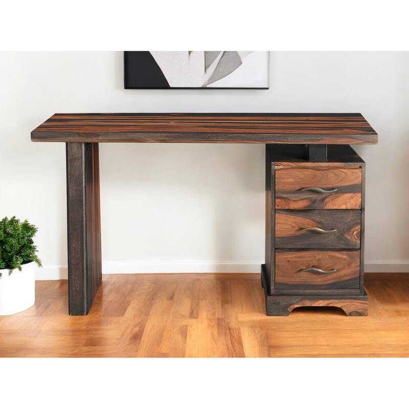 HomeRoots 54" Brown Live Edge Solid Wood Writing Desk With Three Drawers - 54 - Brown