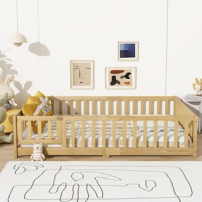 Full Size Floor Bed with Fence and Door,Safety Guardrails