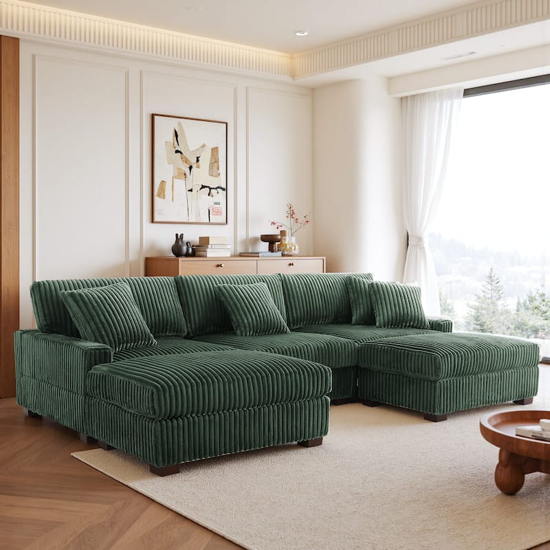 Mia 114" W Oversize Plush Corduroy Modular Sectional Sofa With Ottoman - 114" W
