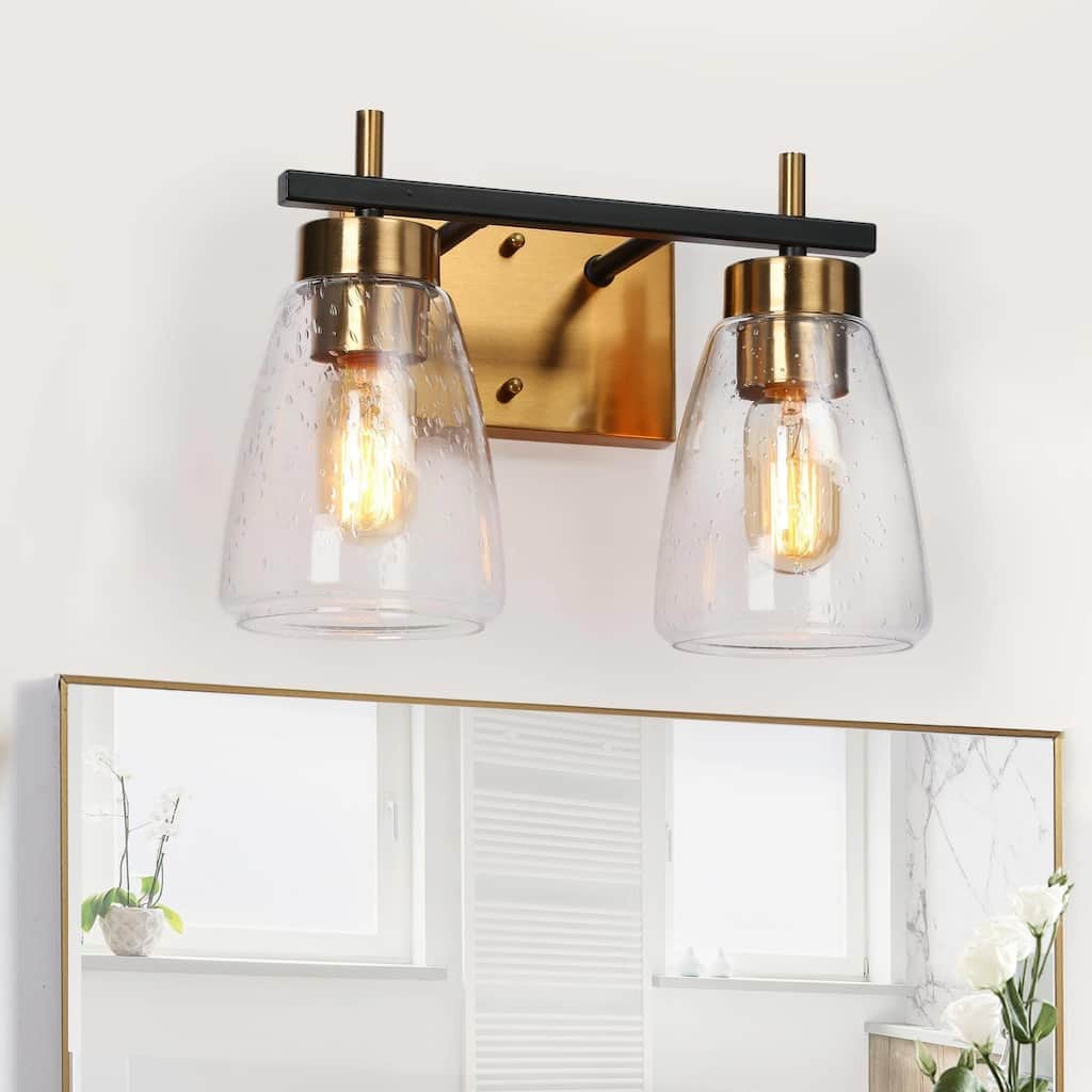 Modern Industrial Black 2-Light Bathroom Vanity Lights with Seeded Glass for Powder Room - L 13" x W 6.7" x H 8.7"