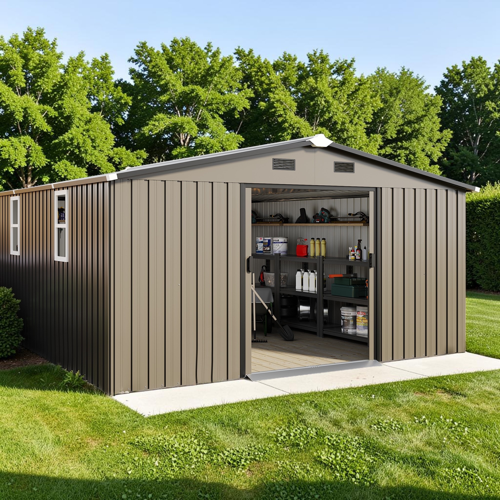 10 x 12 FT Outdoor Metal Storage Shed with 2 Windows, Lockable Garden Tool Shed, Waterproof