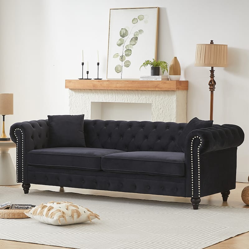 85.5"Living Room With Velvet Chesterfield Sofa With Rolled Arms 3 Seater Sofa With Button Design And 2 Cushions