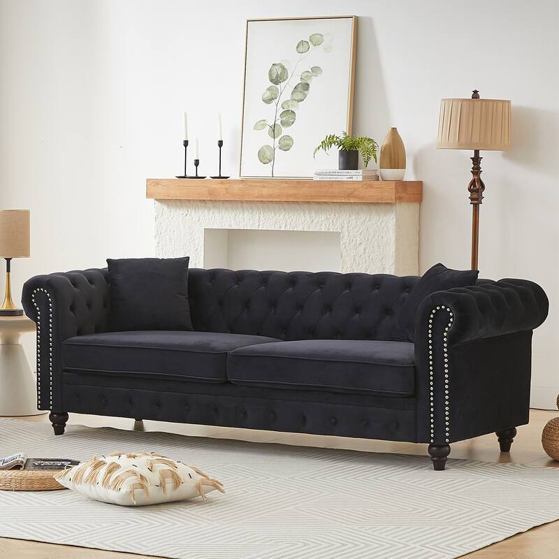 Velvet Chesterfield 3 Seater Sofa, Oversized Button Tufted Upholstered Sofa, Deep Seat Sofa with Rolled Arms & Nailhead Trim