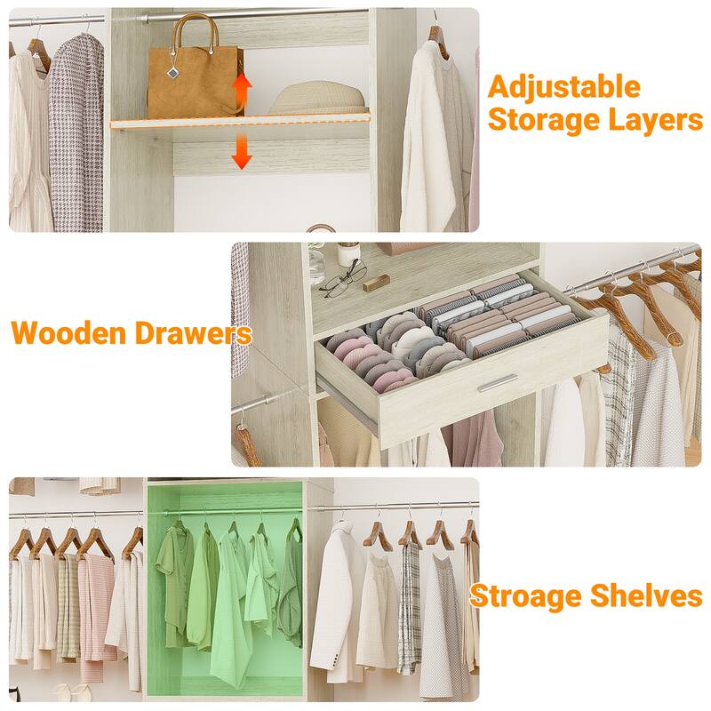 Rackcog 96'' Closet System with 6 Hanging Rods, Adjustable Closet Organizer with Drawers and Shelves